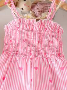 SHEIN Genkimix Kids 女童复古波西米亚风吊带连体裤，舒适面料，宽松阔腿设计，粉色条纹爱心印花，简约优雅飘逸，适合春季、夏季、派对、外出、度假穿着。 - 粉色 - 查看 6