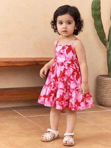 SHEIN Baby Girl Floral Print Sleeveless Dress With Ruffle Hem, Suitable For Summer Vacation - Pink - View 4