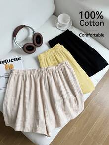 Comfortcana 3pcs Plus Size Solid Color Linen Comfortable Casual Shorts, Spring/Summer, 2pcs Soft Cotton Shorts Set Office Black Beige White - Multicolor - View 3