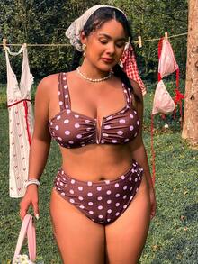 Swim Mod Plus Size Polka Dot Print Swimwear Set - Multicolor - View 6