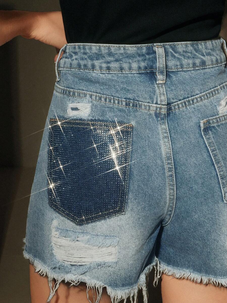 Anewsta Quần short denim màu xanh bạc màu, kiểu dáng rách rưới, đính đá lấp lánh. - Màu xanh lam - Xem 1