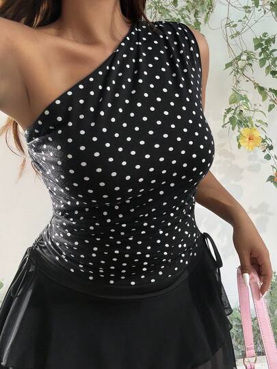 GalTyme Áo kiểu lệch vai xếp ly màu trơn dành cho nữ, thích hợp cho Ngày Valentine.