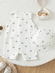 2pcs Baby Boy Casual Vacation Coconut Tree Print Bib Overalls Shorts Set With Bucket Hat, Suitable For Home, Outing, Beach, Spring/Summer - Multicolor - View 2