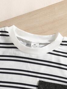 SHEIN Explorewe 2pcs/Set Young Boy Striped Round Neck Short Sleeve T-Shirt And Shorts Casual Daily Outfit - Black - View 4