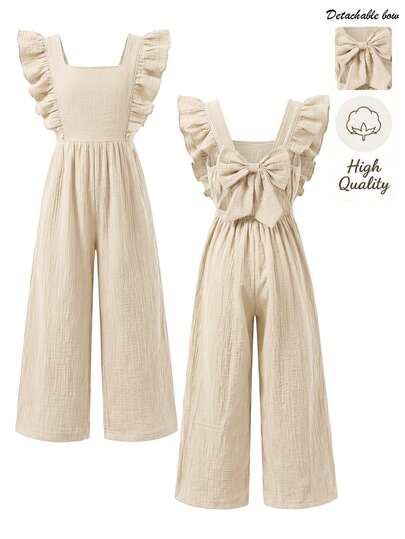 Elladie kids Bộ áo liền quần thời trang thường ngày Elladie dành cho bé gái, kiểu dáng tay áo thắt nơ, áo liền quần denim đa năng cho thiếu nữ, chất liệu cotton.