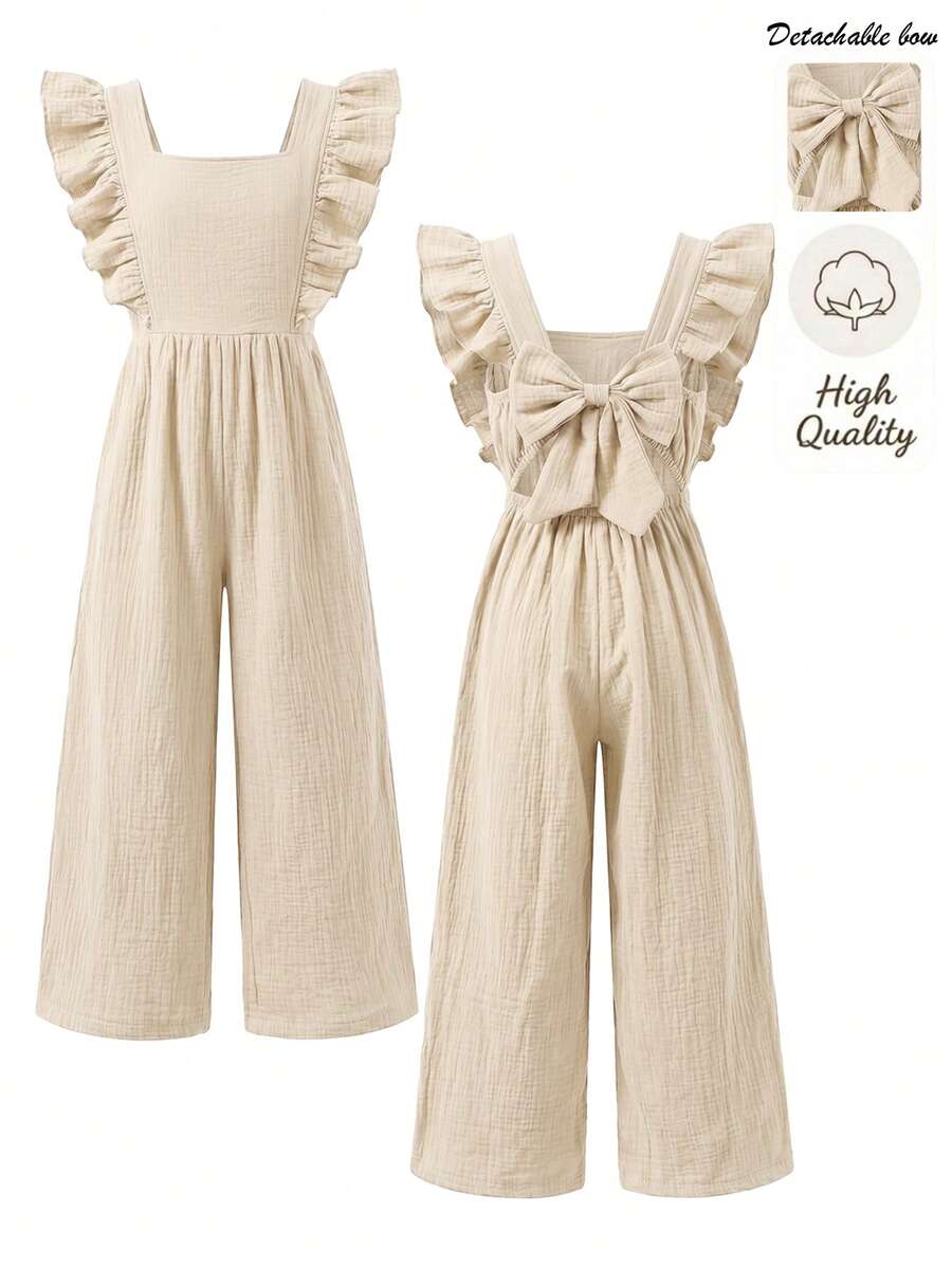 Elladie kids Bộ áo liền quần thời trang thường ngày Elladie dành cho bé gái, kiểu dáng tay áo thắt nơ, áo liền quần denim đa năng cho thiếu nữ, chất liệu cotton.