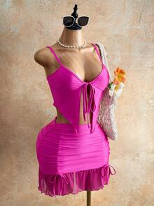 Mistrie Women's Summer Beach Vacation Style Solid Color Knot Asymmetrical Hem Cami Top And Pleated Ruffle Hem Skirt 2-Piece Set - Hot Pink - View 4