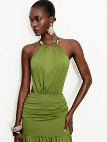 Aveloria Modichic Vestido largo con diseño de espalda descubierta, escote halter, fruncido y abertura, con cuentas, en estilo sexy europeo y americano para mujeres - Verde - Ver 6