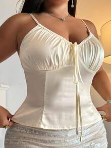 Dazy Plus Plus Size Women's Romantic French Style Ruffle Drawstring Satin Camisole Top, Spring/Summer - Beige - View 8