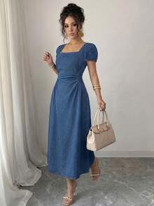 Elenzga Summer Vacation Casual Vintage Chic Elegant Square Neck Puffed Sleeve Ruched Waist Light Blue Denim Daily Wear Going Out Women's Midi Denim Dress - Dark Wash - View 6