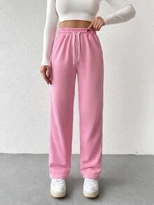 EURMUSE Women's Casual Solid Color Drawstring Waist Sweatpants - Pink - View 3