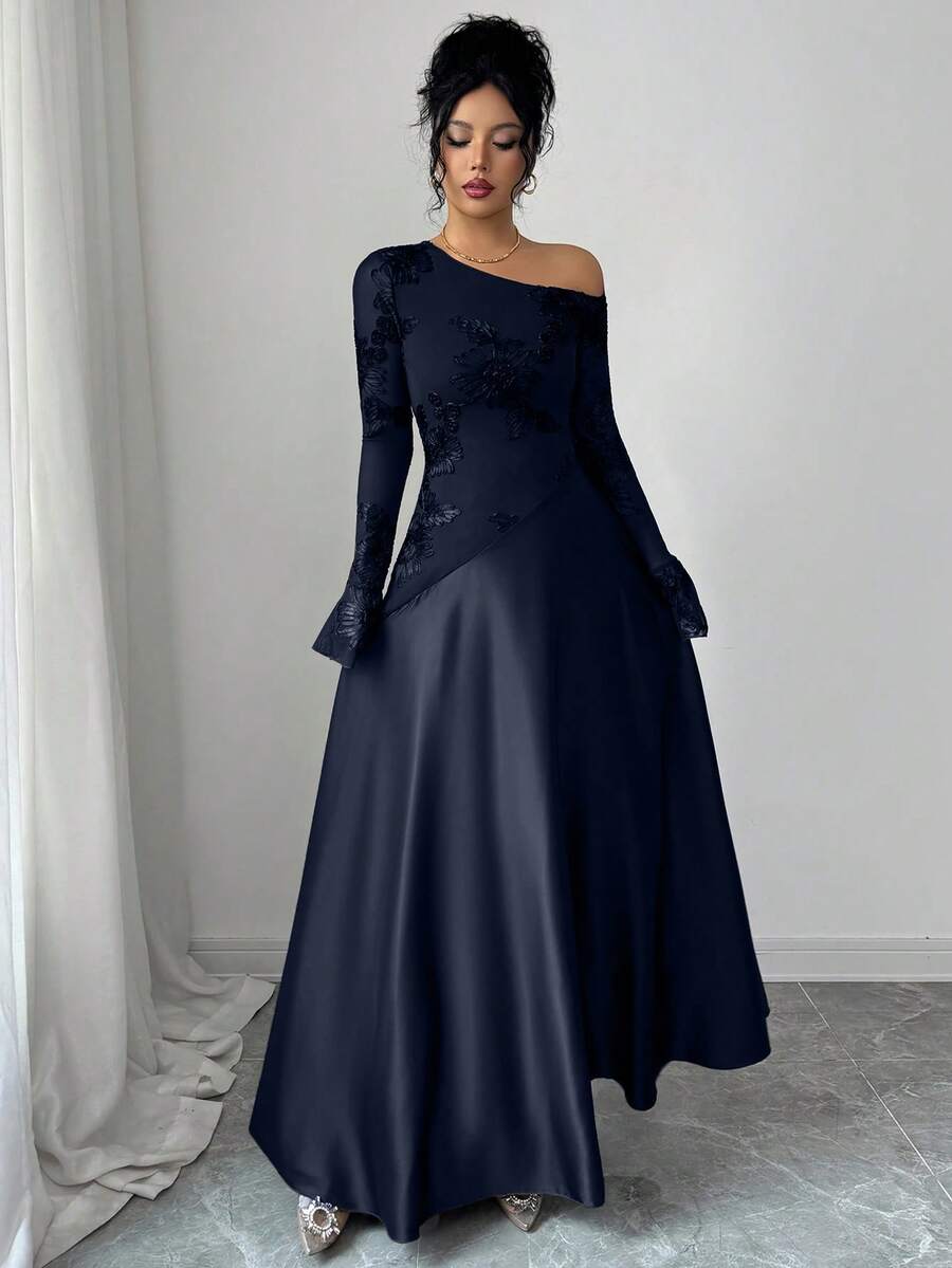 Modelyn Women's Autumn Brown Sexy Asymmetrical Shoulder Mesh Embroidered Long Sleeve High Waist A-Line Dress - Navy Blue - View 1