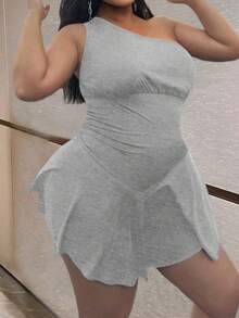 Maweii 夏季大码女式纯色针织性感无袖连体裤 - 淺灰色 - 查看 5