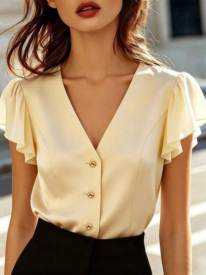 Franclia 2026 New Spring Summer Milk Yellow V-Neck Top For Women, Chiffon Ruffle Sleeve Waist-Cinching Slim Elegant Commute Short Sleeve Shirt, French Gentle Pale Yellow V-Neck Blouse, Milk Yellow Ruffle Sleeve Top, Ruffle Sleeve Chiffon Shirt, French Style Gentle Top, Office Commute Shirt, High Waist Waist-Cinching Shirt With Golden Buttons, All Season Casual Outing Shirt For Women, Elegant Women Shirt, Casual Women Top, Holiday Outfit Top, Business Office Shirt, Ruffle Hem Top, Festival Shirt, Beach Outfit Top For Women, Party Top, Yellow Shirt, Yellow Blouse