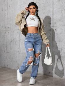 SHEIN ICON Plus Size Women's Summer Cow Girl Distressed Denim Jeans - Blue - View 6