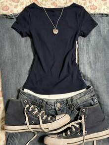 INAWLY Women's Half-Collar Patchwork Short Sleeve T-Shirt - Navy Blue - View 2