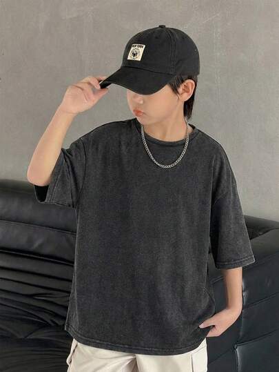 Tween Boy Letter Print Washed Vintage Short Sleeve T-Shirt, Casual Collegiate Style, Comfortable, Fashionable, Versatile, Cute, Soft, Suitable For Daily Wear, School, Outings, Sports, Holidays And Parties
