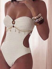 Swim Vcay 1 pièce Maillot de bain une pièce sexy dos nu avec bordure en tissu spécial de couleur unie pour femmes - Beige - Voir 4