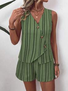 EMERY ROSE Ladies Weave A Casual Striped Summer Two Pieces Set - Green - View 4