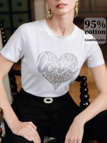 Anewsta Summer Casual Rhinestone Heart Graphic Round Neck Short Sleeve T-Shirt - White - View 3
