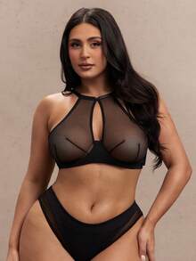 SHEIN BAE 2pcs Women Plus Size Solid Color Mesh Underwire Bra Set - Black - View 4