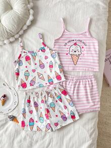 SHEIN 4pcs/Set Summer Girls Toddler Camisole Pajama Set, Cute Sweet Ice Cream & Heart Striped Print, Soft Comfortable Camisole Top And Shorts 4-Piece Loungewear - Pink - View 1