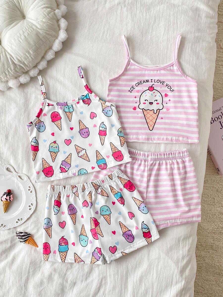 SHEIN 4pcs/Set Summer Girls Toddler Camisole Pajama Set, Cute Sweet Ice Cream & Heart Striped Print, Soft Comfortable Camisole Top And Shorts 4-Piece Loungewear - Pink - View 1