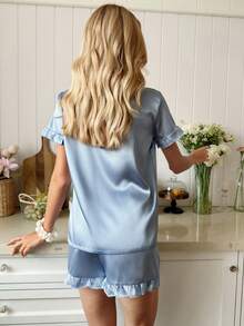 Snug Reverie Elegant Embroidered Ruffle Silky Satin Lapel Short Sleeve Shorts Pajama Set For Women Lounge Aqua Blue Summer - Baby Blue - View 2
