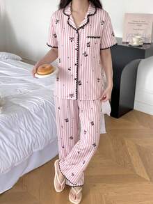 SHEIN 少女睡衣套装，粉色条纹蝴蝶结樱桃图案可爱睡衣，短袖上衣和长裤 - 粉色 - 查看 2