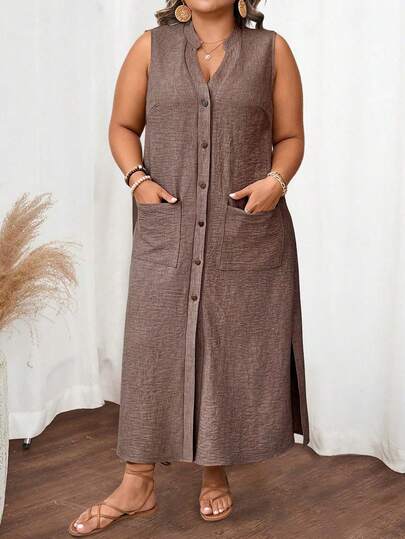 SHEIN CURVE+ Plus Size Women Summer Casual Vacation Minimalist Solid Color Notched Neck Sleeveless Single-Breasted Open Front Dress