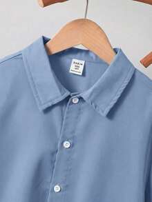 SHEIN Tween Boy Vacation Style Solid Color Collar Button-Up Slim Fit Short Sleeve Shirt - Dusty Blue - View 5
