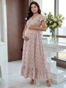 SHEIN 夏季孕妇V领短袖荷叶边腰部碎花连衣裙 - 粉色 - 查看 3