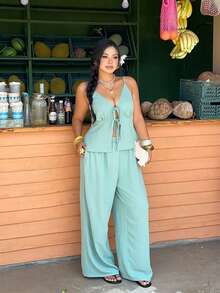 Sunnyshic Bộ trang phục thường ngày dành cho nữ cỡ lớn: Áo hai dây màu trơn và quần ống rộng. - màu xanh lá - Xem 3