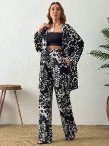 Black & White Abstract Print Kimono Two Pieces Set – Flowy Open Front Kimono Top And Wide Leg Pants - Black and White - View 3