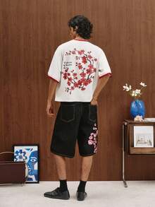 TOKVUE Camiseta de manga corta de estilo chino casual con dobladillo de ola de flor de cerezo para hombres jóvenes, ajuste holgado, versátil para parejas - Gris Claro - Ver 5