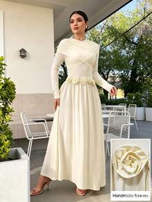 Modelyn Đầm dài tay xòe ôm sát, xếp ly, họa tiết hoa thanh lịch kiểu Pháp, tôn dáng và duyên dáng. - Vàng nhạt - Xem 4