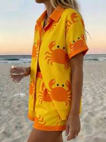 Vaclyn Women's Casual Crab Print Shirt & Shorts Set - Yellow - View 4