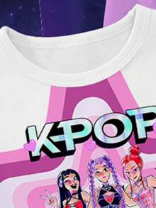 [5 conjuntos aleatórios, 2 conjuntos entregues] Pijama infantil feminino, estampa moderna e fofa de desenho animado K-POP para primavera/verão, conjunto de pijama de 2 peças com shorts de manga curta em tecido de malha justa e alta elasticidade (entrega aleatória) - Multicolorido - Ver 4