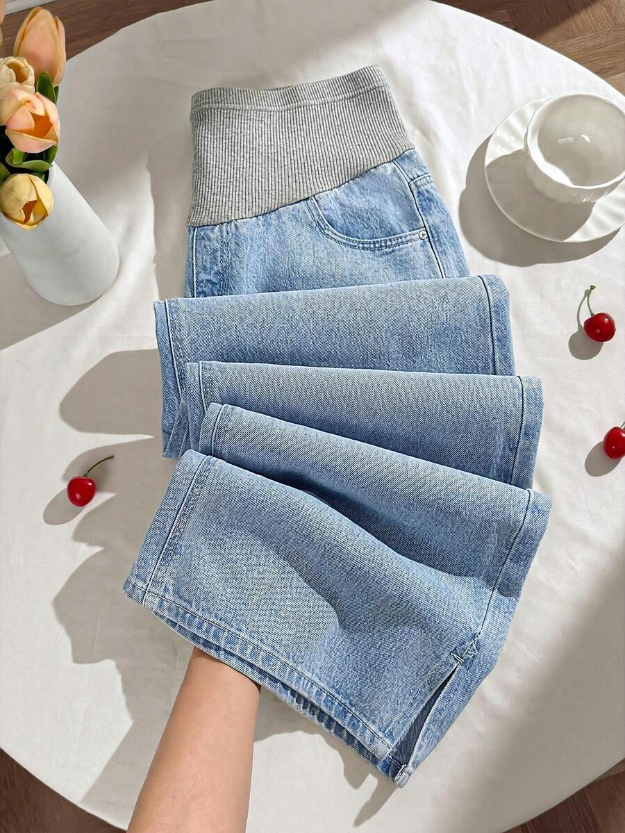 Quần jean ống rộng dáng suông, túi xéo, thích hợp mặc hàng ngày đi làm, dành cho bà bầu. - Màu xanh lam - Xem 1