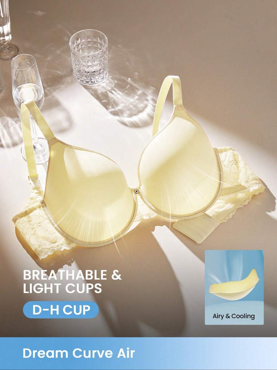 LUVLETTE Áo ngực nữ Plus Dream Curve Air Full Coverage thoáng khí, chất liệu lưới ren mỏng màu vàng nhạt, có đệm mút. - Màu vàng - Xem 1