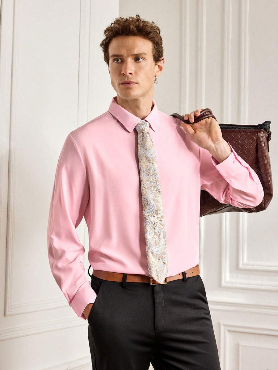 Officeau Men's Solid Color Front Button Business Casual Long Sleeve Dress Shirt