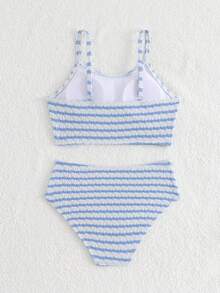 SHEIN Bộ bikini cho bé gái tuổi teen, áo tankini hai dây màu xanh trắng sọc gân nổi, có nếp nhăn, cùng quần tam giác có dây điều chỉnh, thích hợp cho kỳ nghỉ hè, đi biển, hồ bơi và các bữa tiệc. - Màu xanh lam - Xem 2