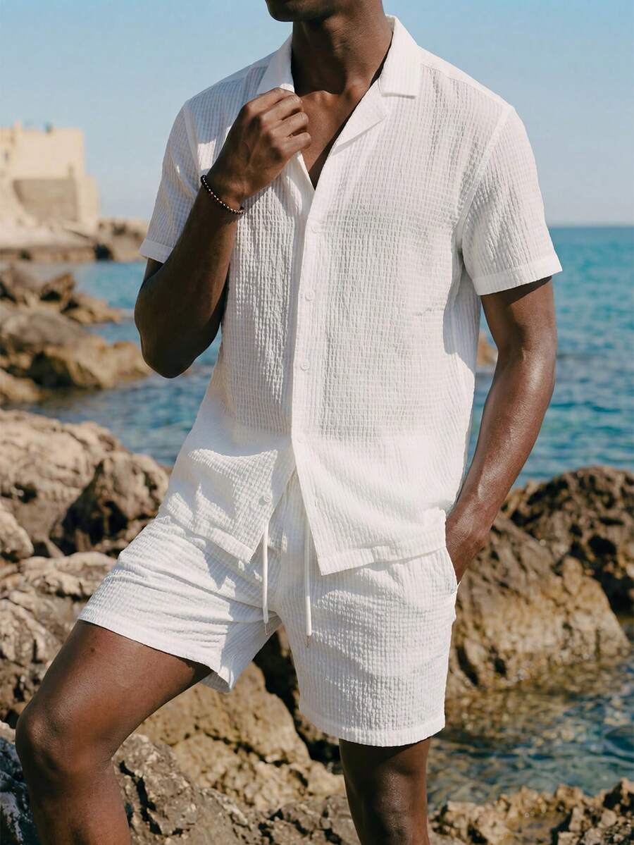 Manfinity KASUA Men's Solid Color Short Sleeve Single-Breasted Shirt And Shorts Beach Set - White - View 1