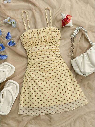SHEIN Tween Girls' Elegant Retro French Style Yellow & Brown Polka Dot Spaghetti Strap Mini Dress, Summer Outfit, Beach Vacation Bohemian Tropical Vibe Dress