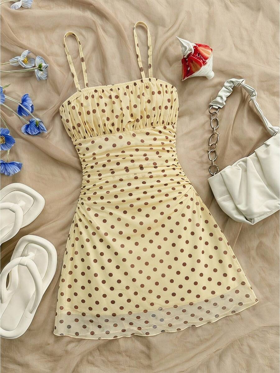 SHEIN Đầm hai dây màu vàng nâu chấm bi kiểu Pháp cổ điển thanh lịch dành cho bé gái tuổi teen, trang phục mùa hè, đầm đi biển phong cách bohemian nhiệt đới. - Màu vàng - Xem 1