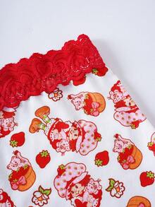 Strawberry Shortcake X SHEIN Women's Comfortable Cute Cartoon Pattern Lace Trim Boyshort Panties - Red and White - View 3