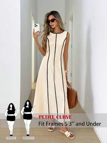 SHEIN PETITE CURVE 大码女式休闲无袖圆领撞色连衣裙，适合夏季日常穿着，米色撞色无袖收腰优雅长款连衣裙，适合夏季休闲外出穿着。 - 杏色 - 查看 2