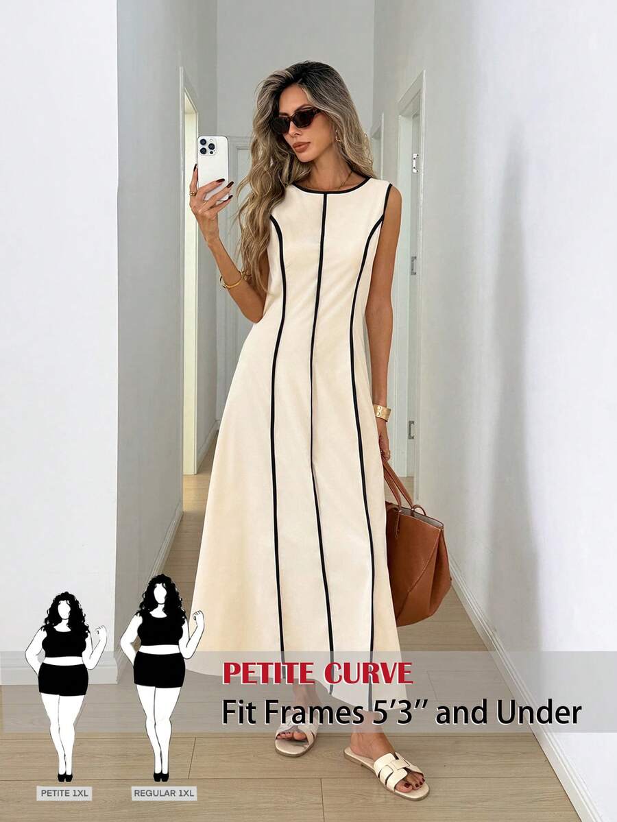 SHEIN PETITE CURVE 大码女式休闲无袖圆领撞色连衣裙，适合夏季日常穿着，米色撞色无袖收腰优雅长款连衣裙，适合夏季休闲外出穿着。