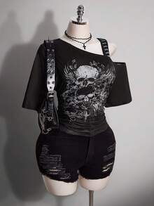 SHEIN ICON Plus Size Asymmetric Neckline Ruched Skull Print Short Sleeve T-Shirt - Multicolor - View 7