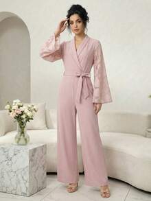 Modelyn Combinaison à manches longues avec taille cintrée, motif floral patchwork couleur unie, pour un port quotidien - Rose bonbon - Voir 3